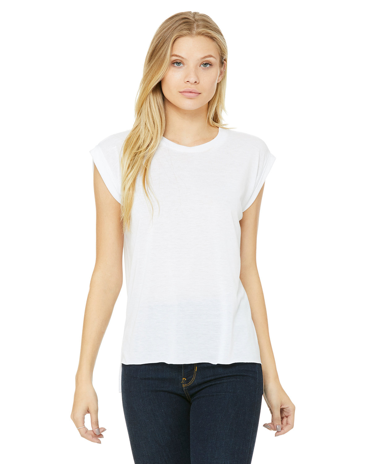 Ladies Flowy Muscle T-Shirt With Rolled Cuff-