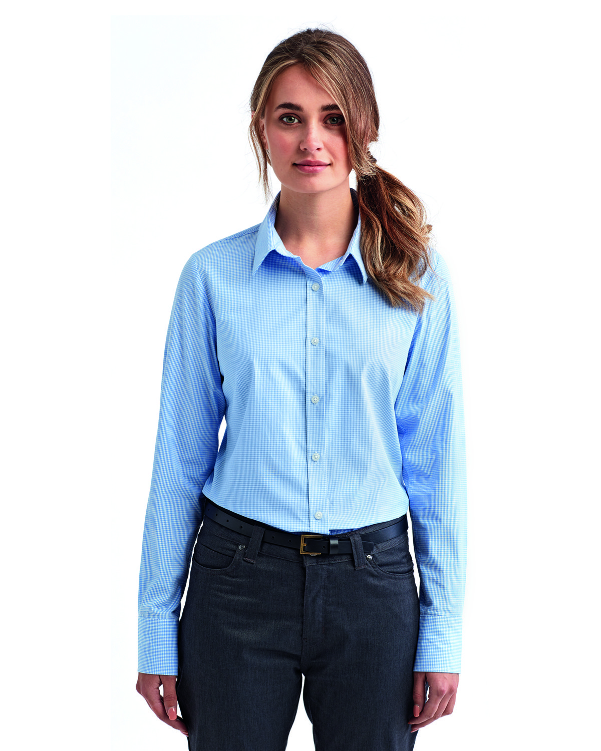 Ladies Microcheck Gingham Long-Sleeve Cotton Shirt-