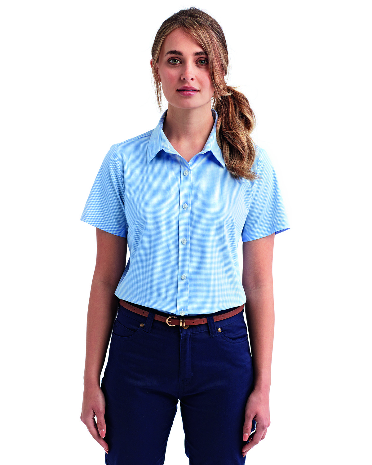 Ladies Microcheck Gingham Short-Sleeve Cotton Shirt-