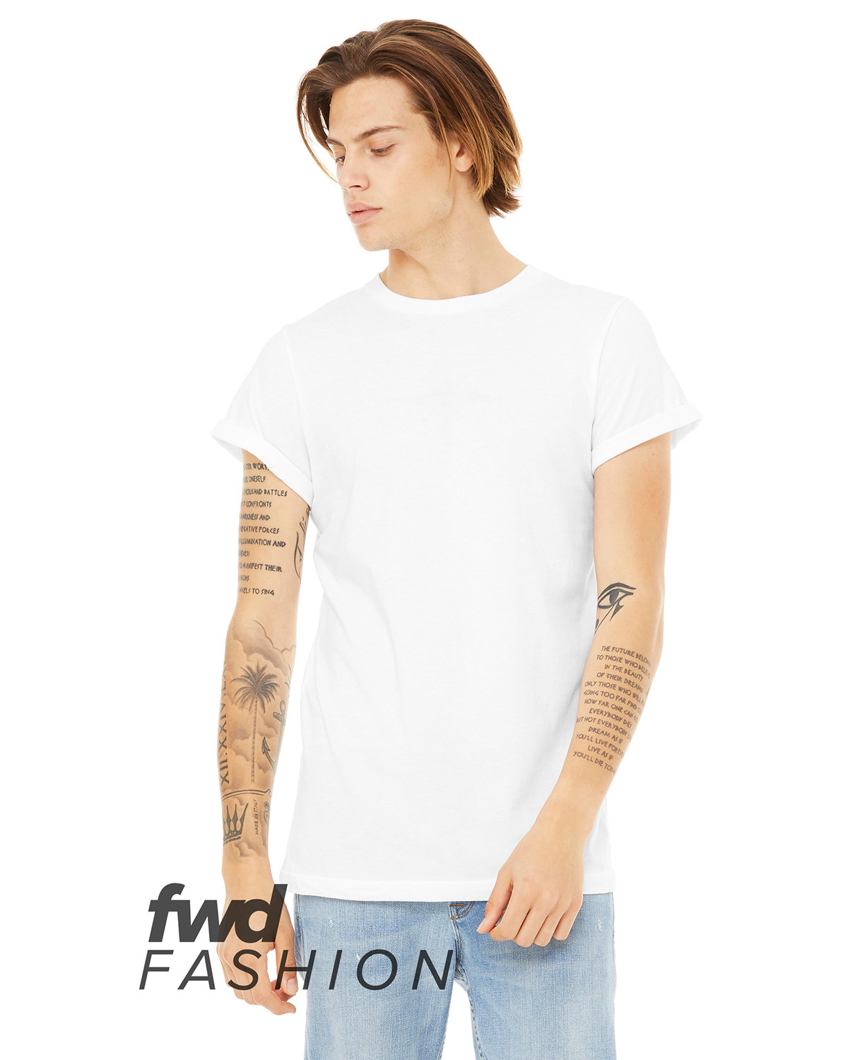Bella + Canvas FWD Fashion Unisex Jersey Rolled Cuff T-Shirt WHITE 