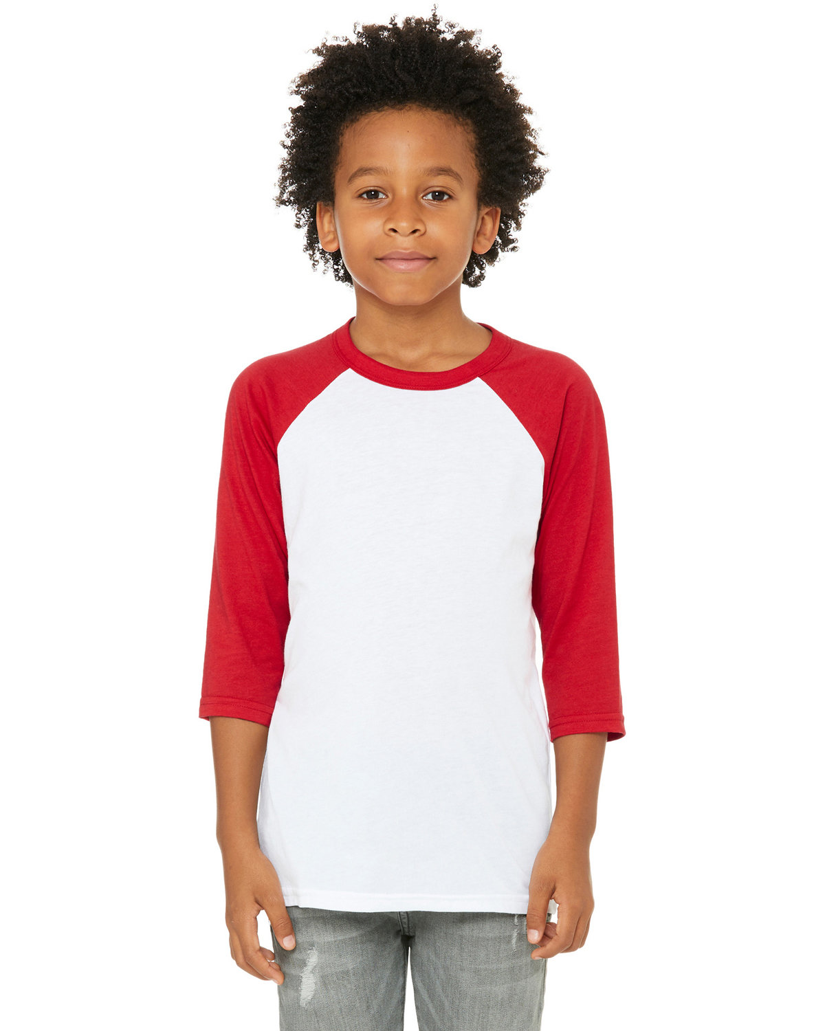 Bella + Canvas Youth 3/4-Sleeve Baseball T-Shirt WHITE/ RED 