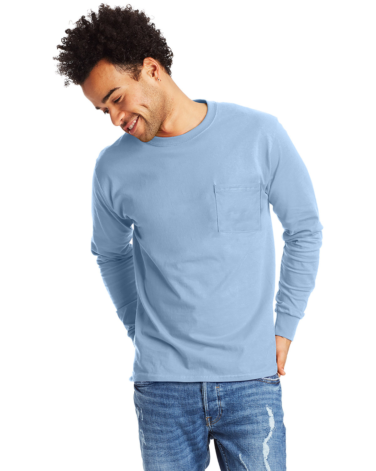 Hanes Men's Authentic-T Long-Sleeve Pocket T-Shirt LIGHT BLUE 
