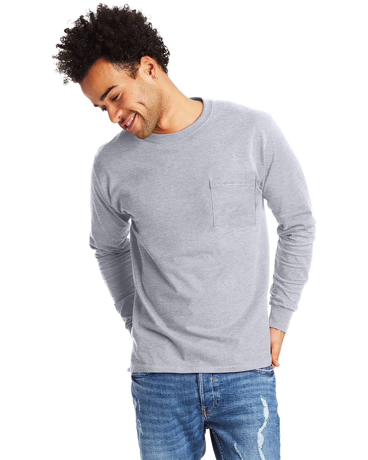 Hanes Men's Authentic-T Long-Sleeve Pocket T-Shirt LIGHT STEEL 