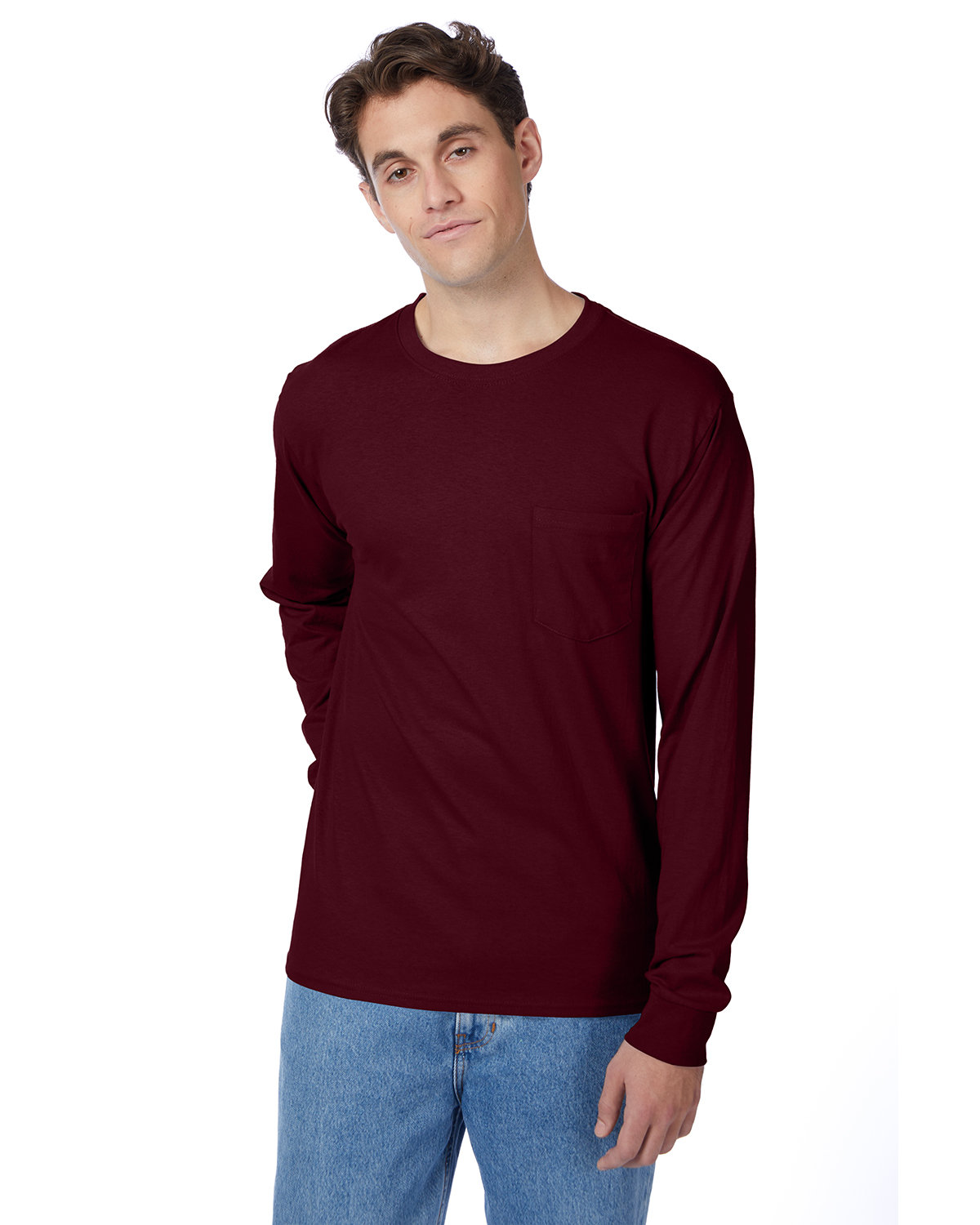 Hanes Men's Authentic-T Long-Sleeve Pocket T-Shirt MAROON 