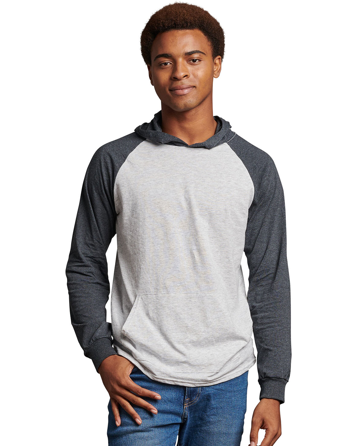 Russell Athletic Adult Essential Raglan Pullover Hooded T-Shirt ASH/ BLACK HTHR 
