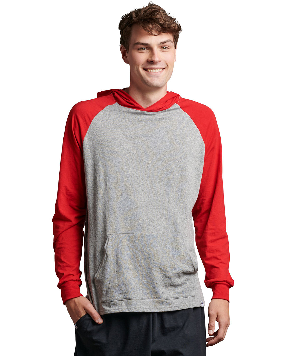 Russell Athletic Adult Essential Raglan Pullover Hooded T-Shirt OXFORD/ TRUE RED 