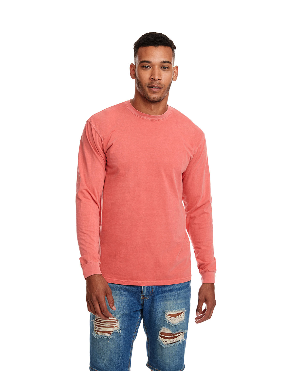 Next Level Apparel Adult Inspired Dye Long-Sleeve Crew with Pocket GUAVA 