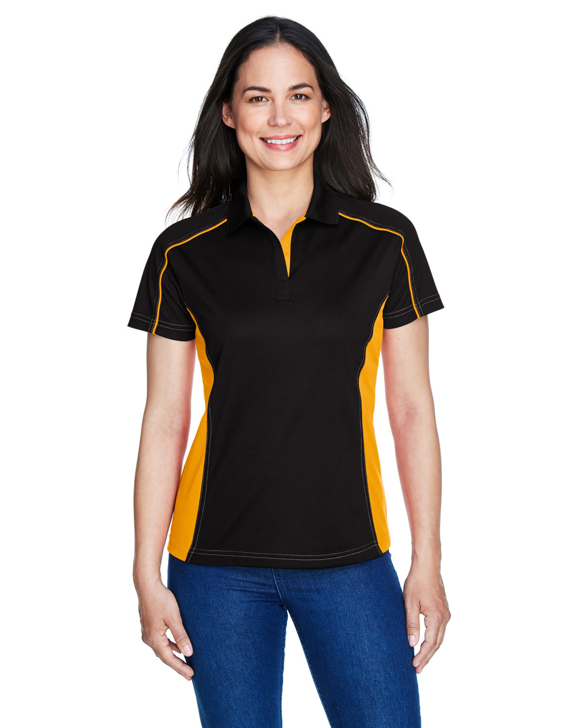 Extreme Ladies' Eperformance™ Fuse Snag Protection Plus Colorblock Polo BLK/ CMPS GOLD 