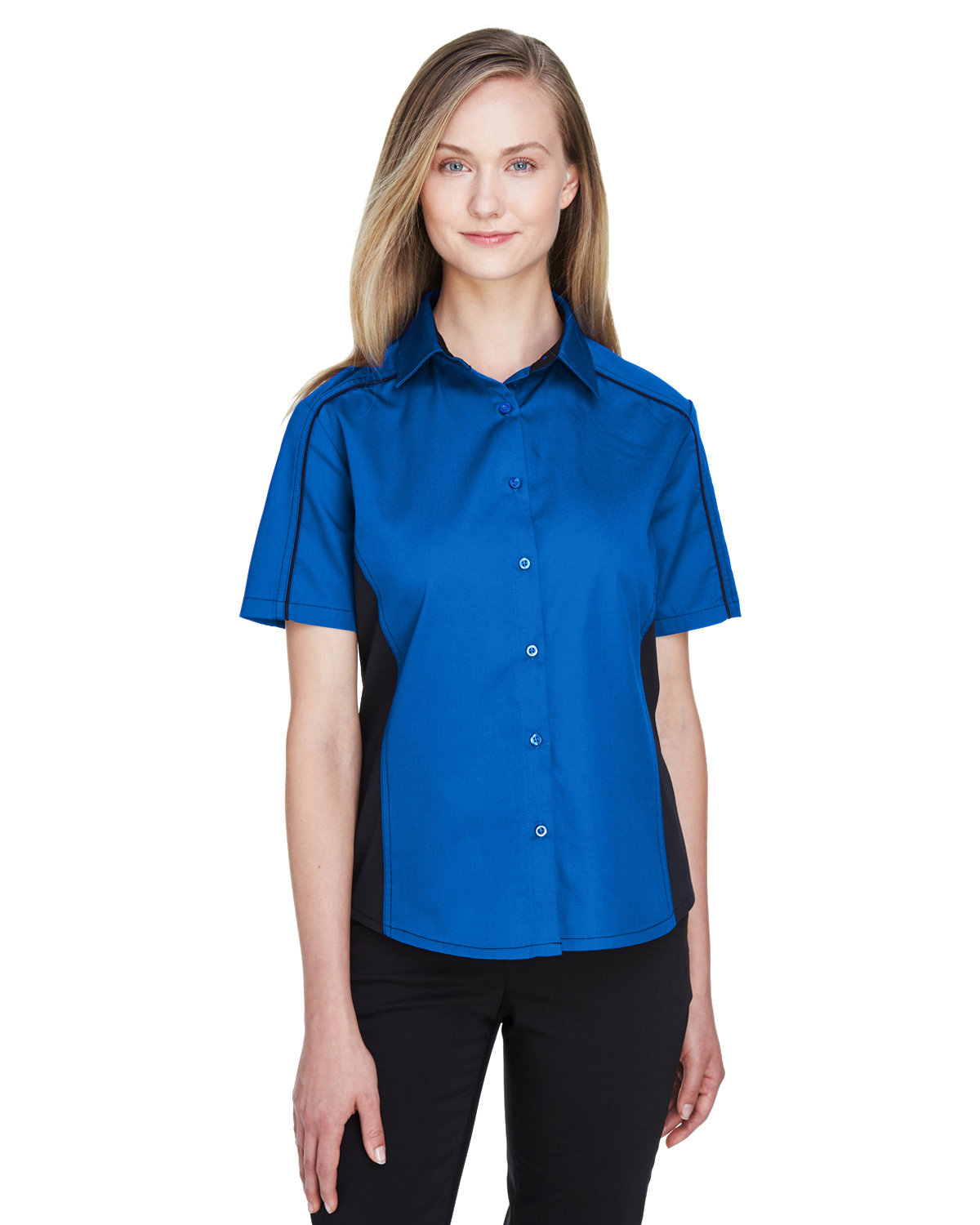 North End Ladies' Fuse Colorblock Twill Shirt TRUE ROYAL/ BLK 