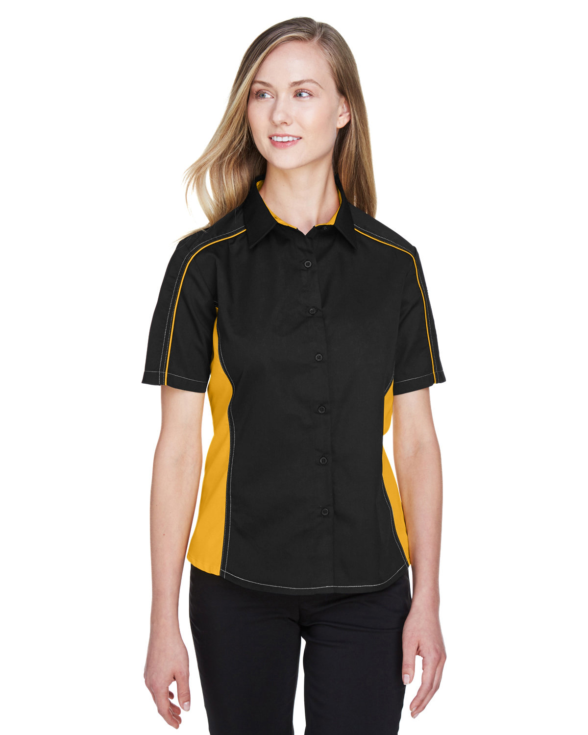 North End Ladies' Fuse Colorblock Twill Shirt BLK/ CMPS GOLD 