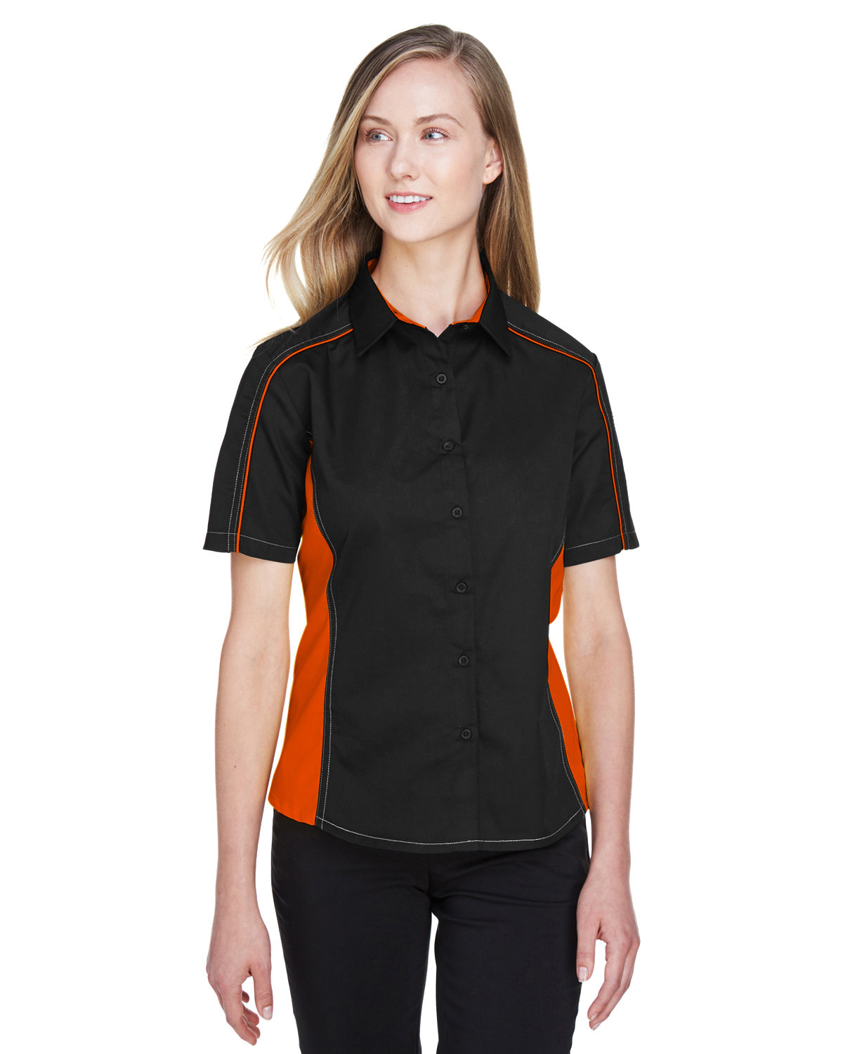 North End Ladies' Fuse Colorblock Twill Shirt BLACK/ ORANGE 