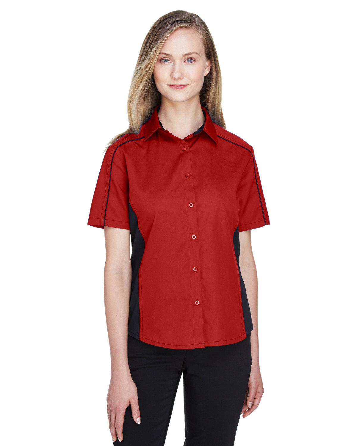 North End Ladies' Fuse Colorblock Twill Shirt CLASSIC RED/ BLK 