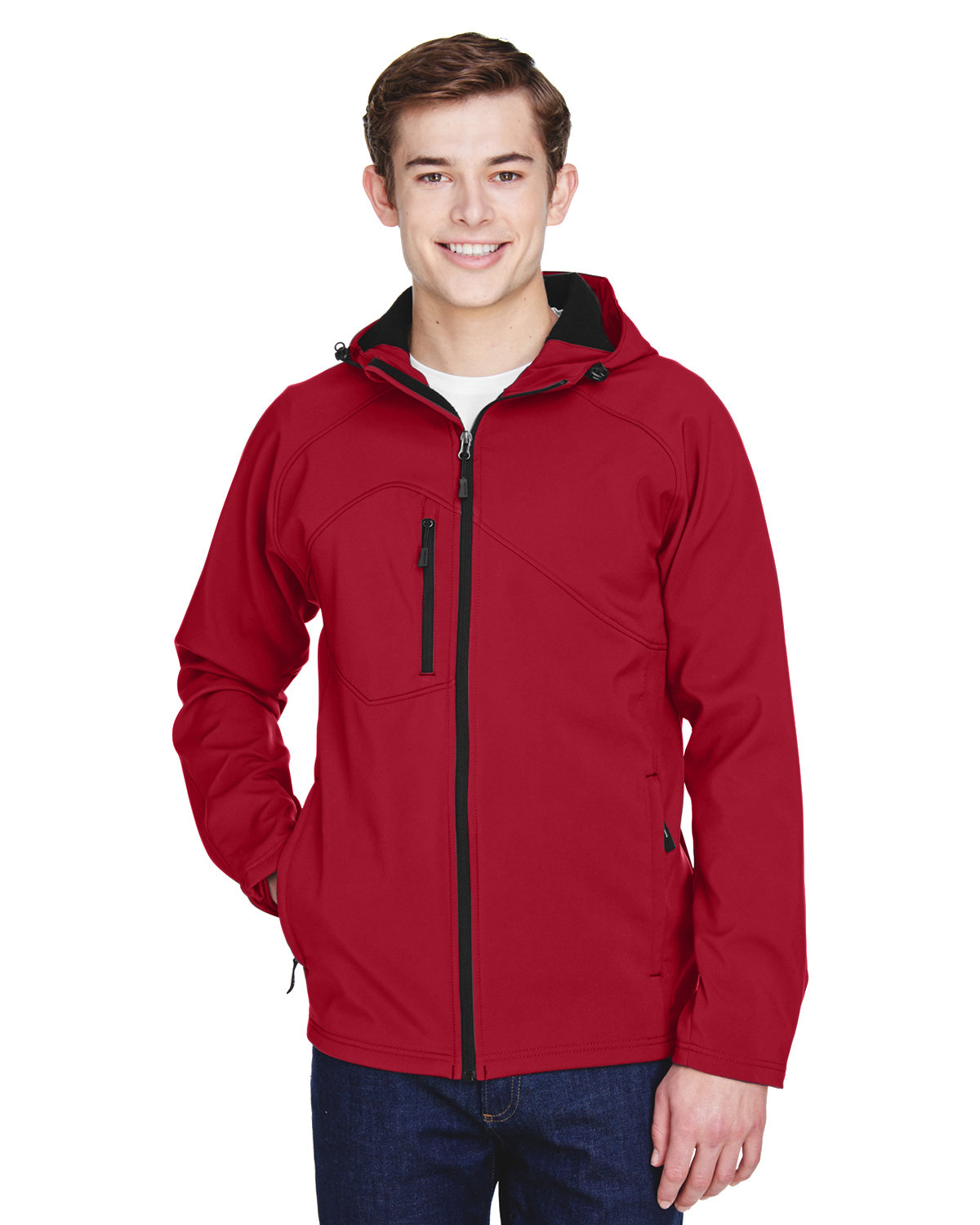 North End Men's Prospect Two-Layer Fleece Bonded Soft Shell Hooded Jacket MOLTEN RED 