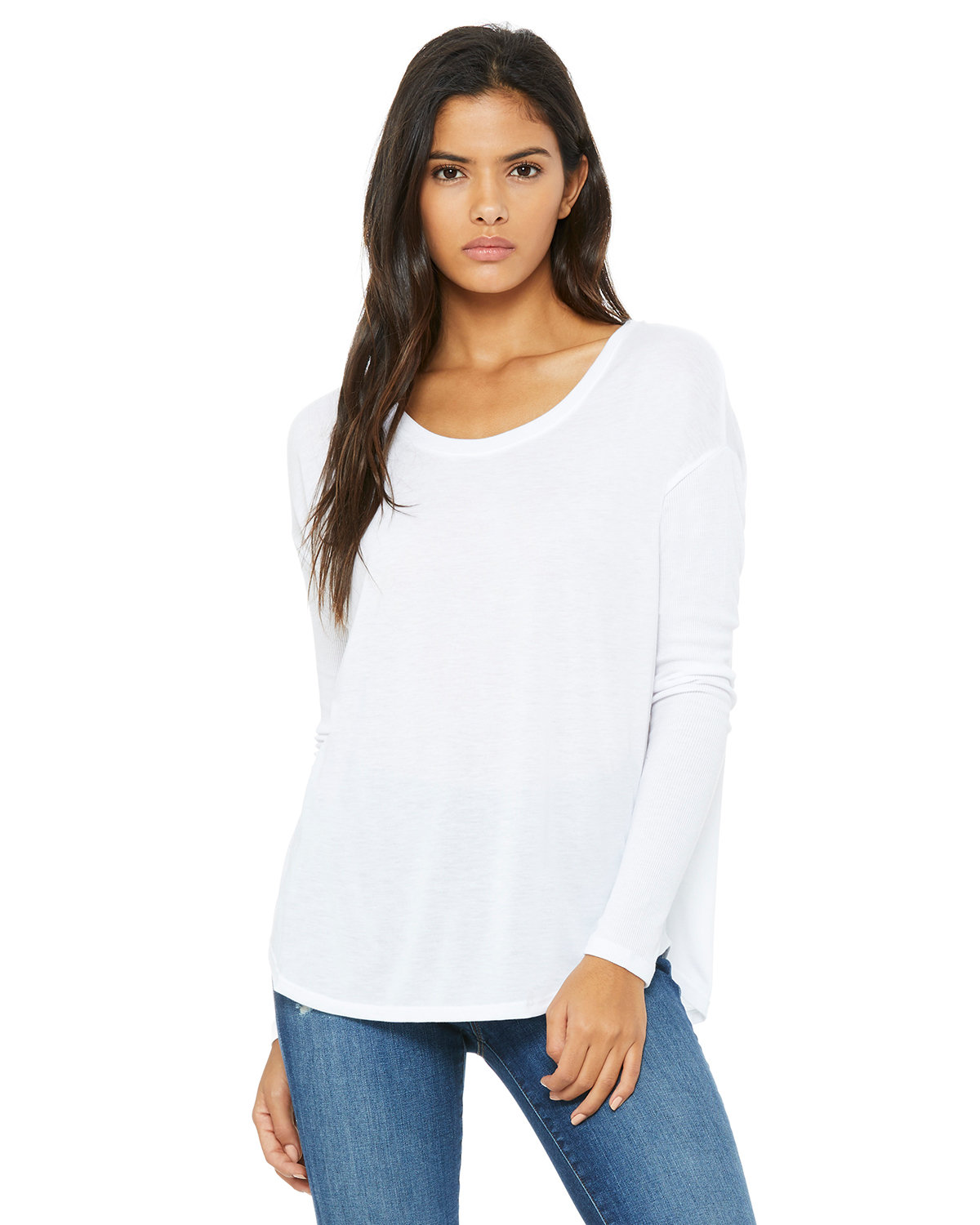 Bella + Canvas Ladies' Flowy Long-Sleeve T-Shirt with 2x1 Sleeves WHITE 