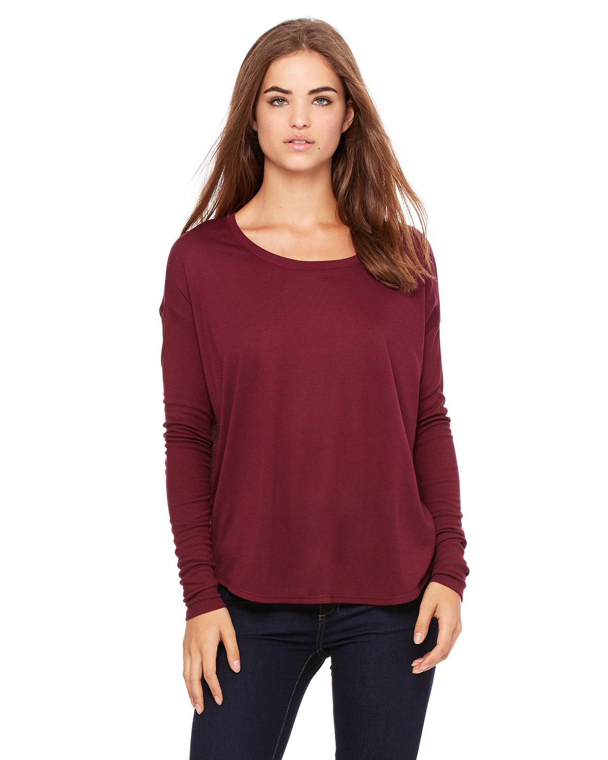 Bella + Canvas Ladies' Flowy Long-Sleeve T-Shirt with 2x1 Sleeves MAROON 