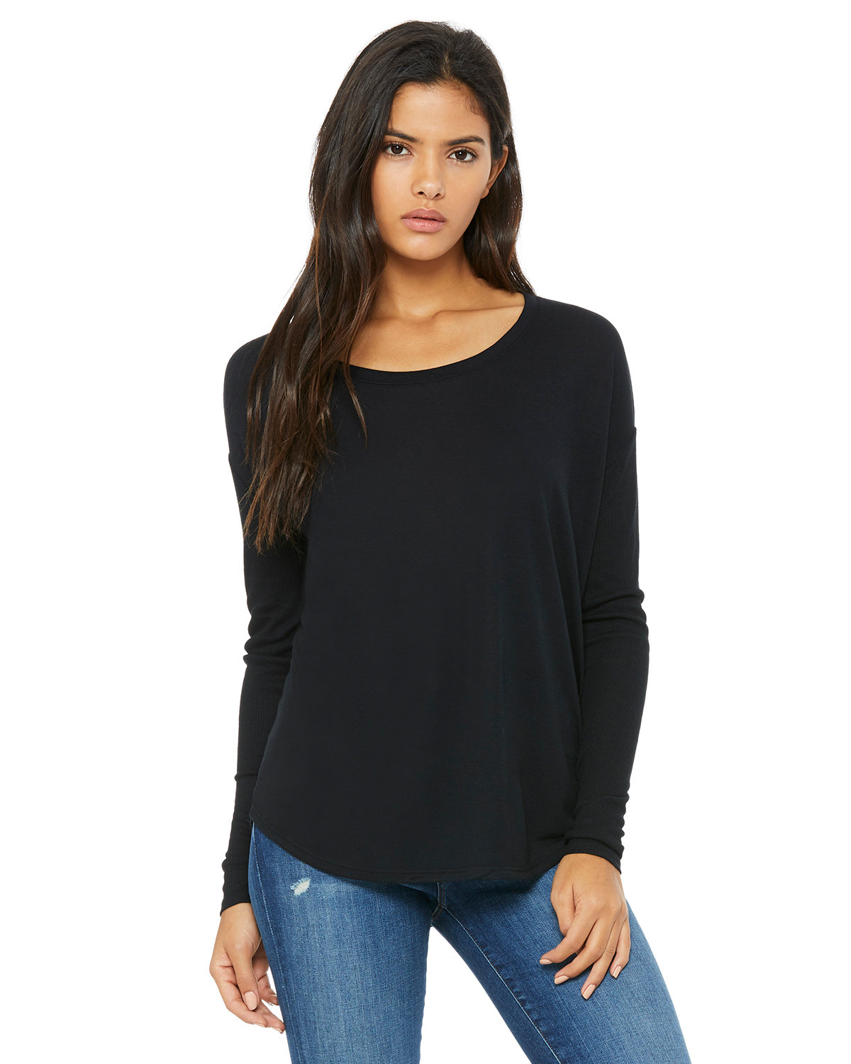 Bella + Canvas Ladies' Flowy Long-Sleeve T-Shirt with 2x1 Sleeves BLACK 