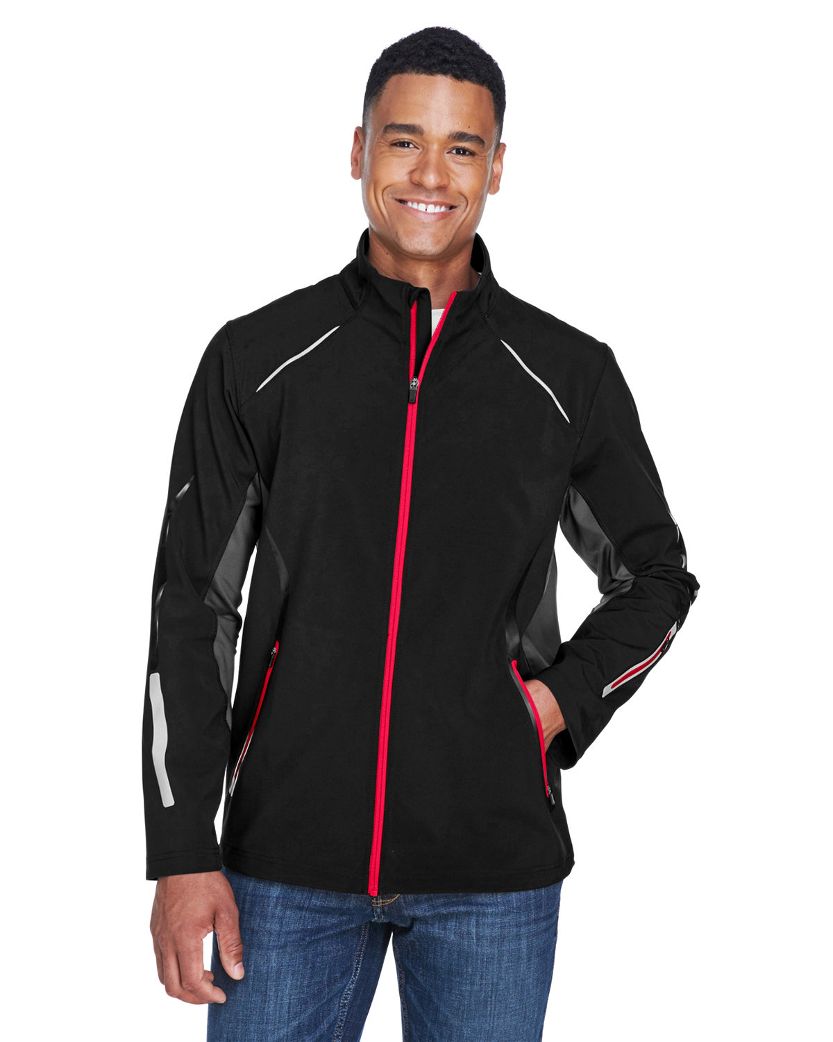 North End Men's Pursuit Three-Layer Light Bonded Hybrid Soft Shell Jacket with Laser Perforation BLACK/ OLYM RED 