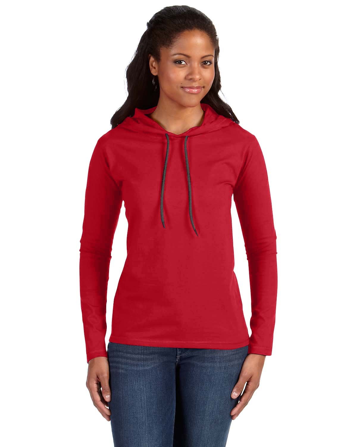 Anvil Ladies' Lightweight Long-Sleeve Hooded T-Shirt RED/ DARK GREY 