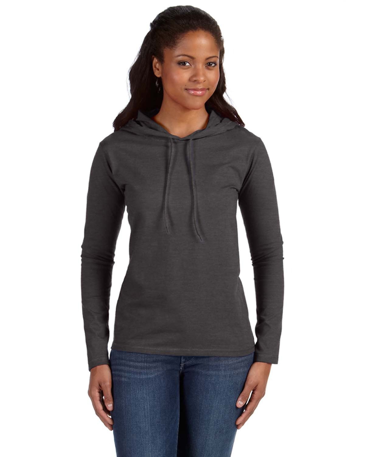 Anvil Ladies' Lightweight Long-Sleeve Hooded T-Shirt HTH DK GY/ DK GY 