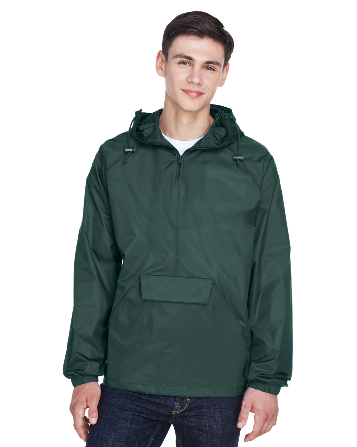 UltraClub Adult Quarter-Zip Hooded Pullover Pack-Away Jacket FOREST GREEN 