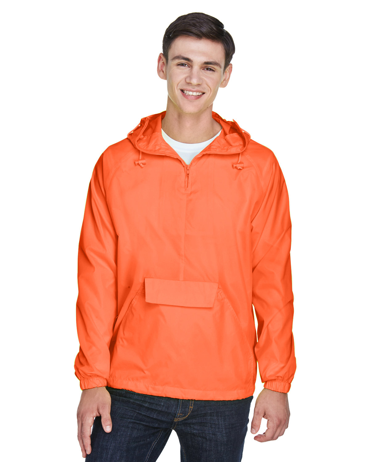 UltraClub Adult Quarter-Zip Hooded Pullover Pack-Away Jacket BRIGHT ORANGE 