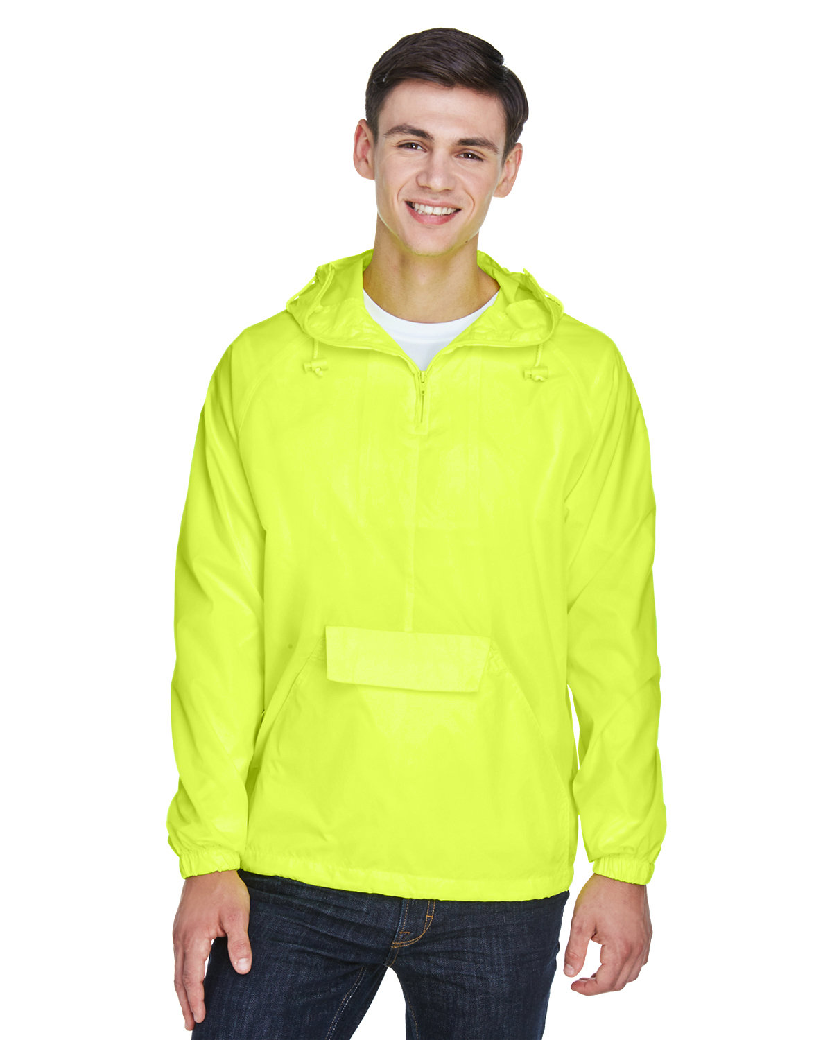 UltraClub Adult Quarter-Zip Hooded Pullover Pack-Away Jacket BRIGHT YELLOW 