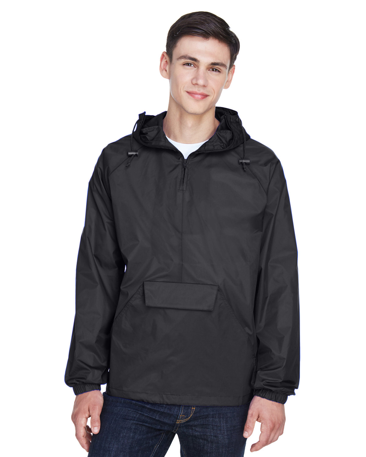 UltraClub Adult Quarter-Zip Hooded Pullover Pack-Away Jacket BLACK 