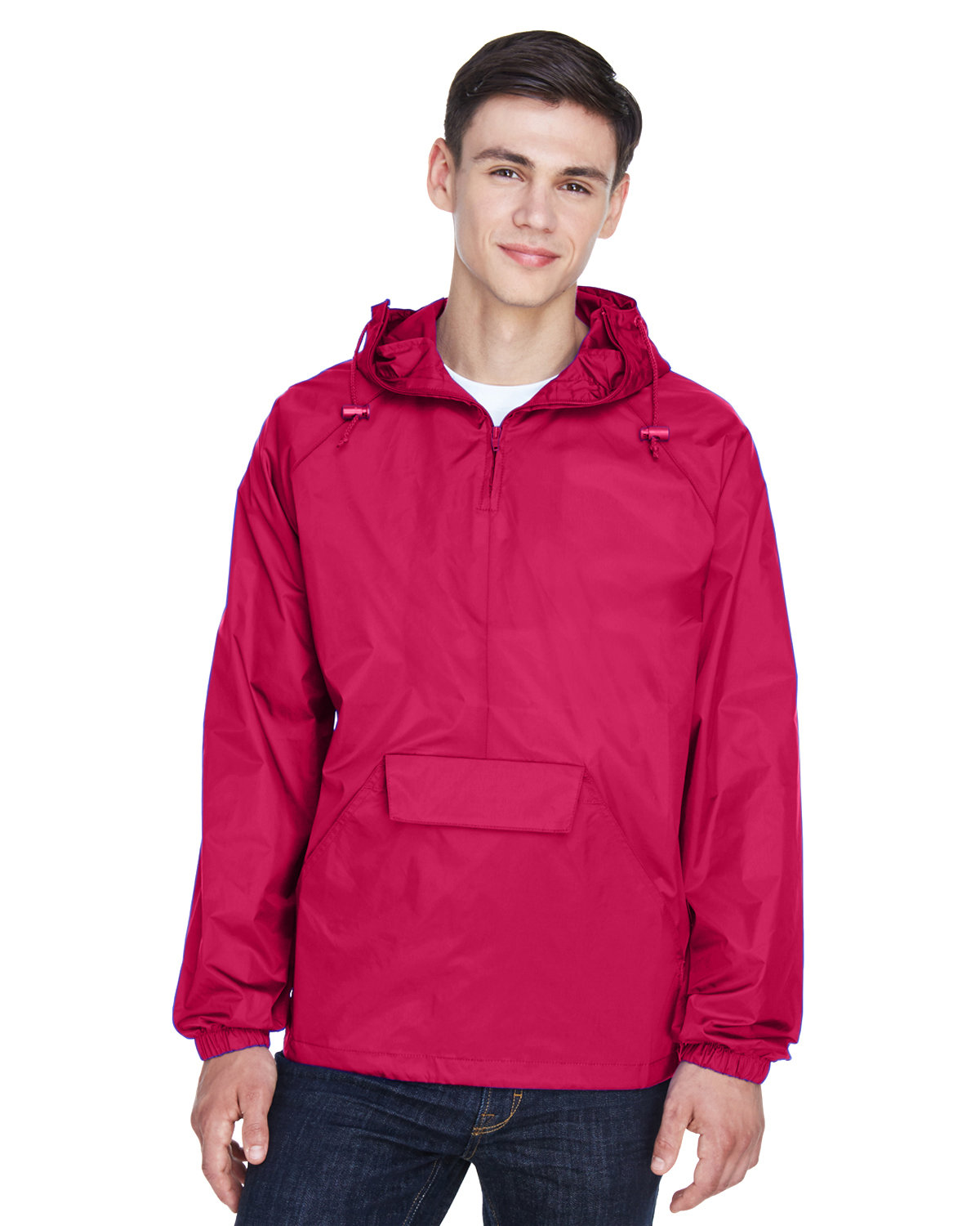UltraClub Adult Quarter-Zip Hooded Pullover Pack-Away Jacket RED 