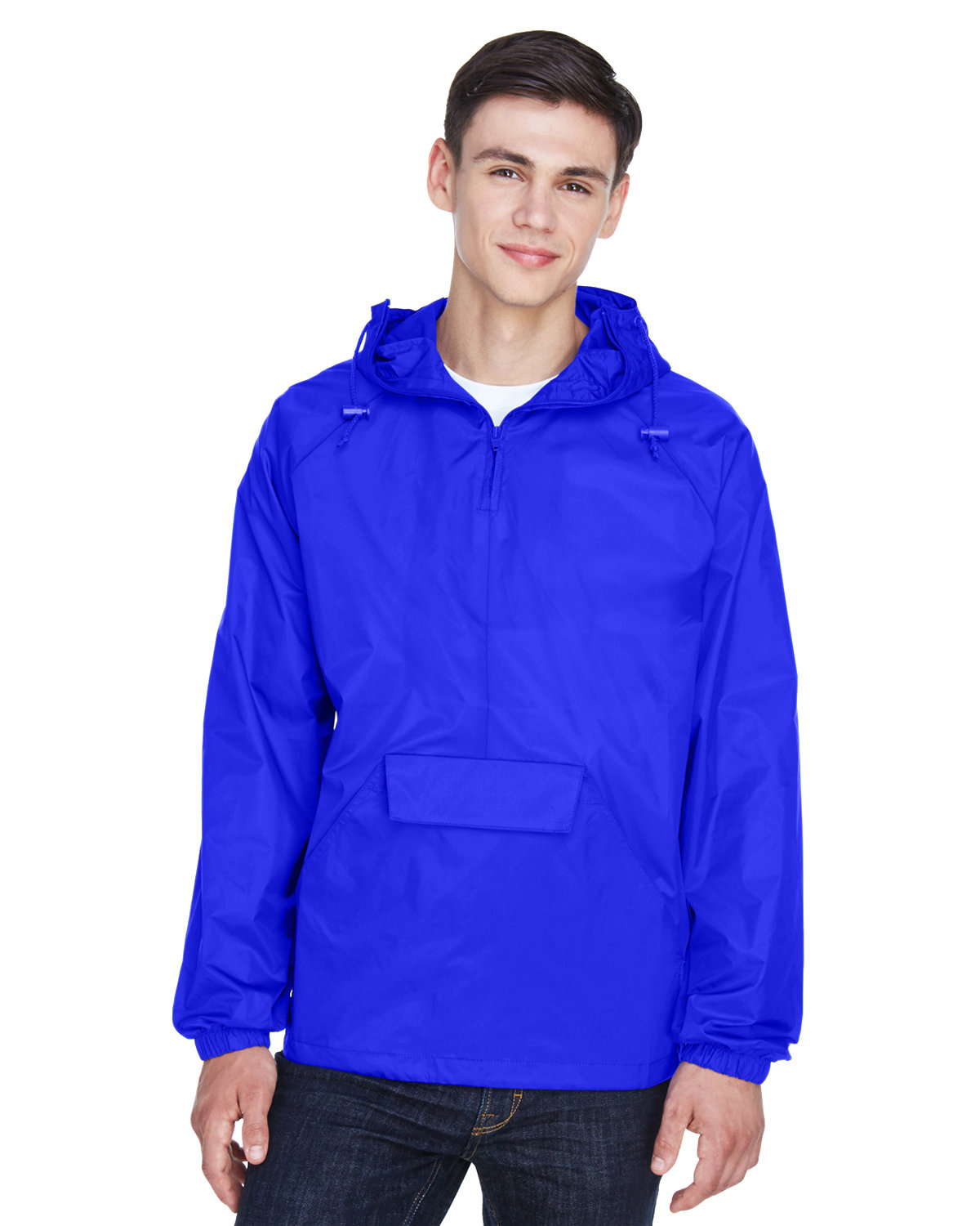 UltraClub Adult Quarter-Zip Hooded Pullover Pack-Away Jacket ROYAL 