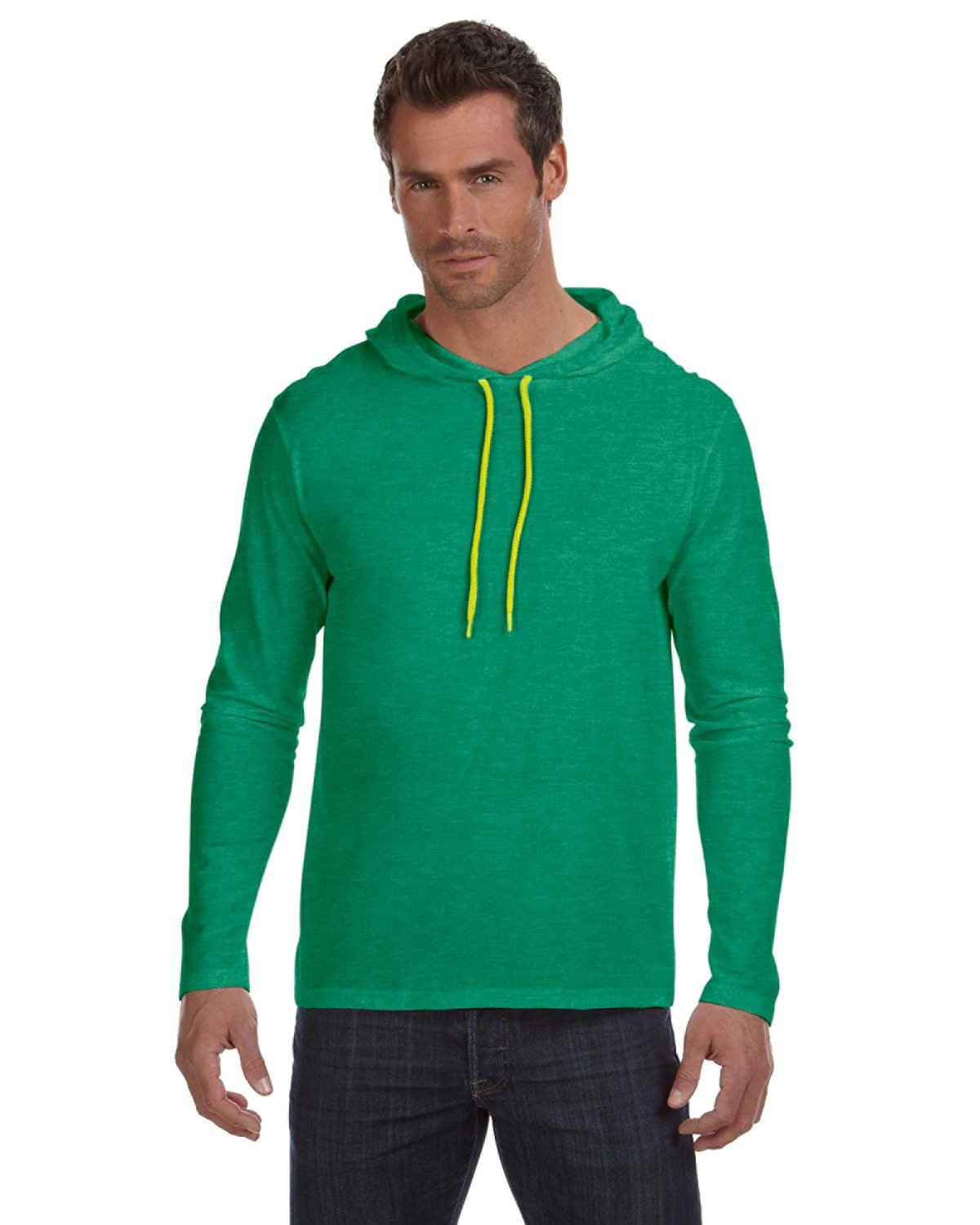 Gildan Adult Lightweight Long-Sleeve Hooded T-Shirt HTH GRN/ NEO YEL 