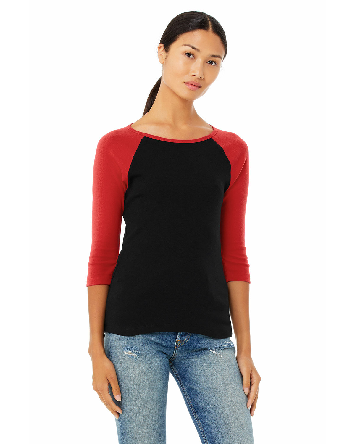 Bella + Canvas Ladies' Baby Rib 3/4-Sleeve Contrast Raglan T-Shirt BLACK/ RED 