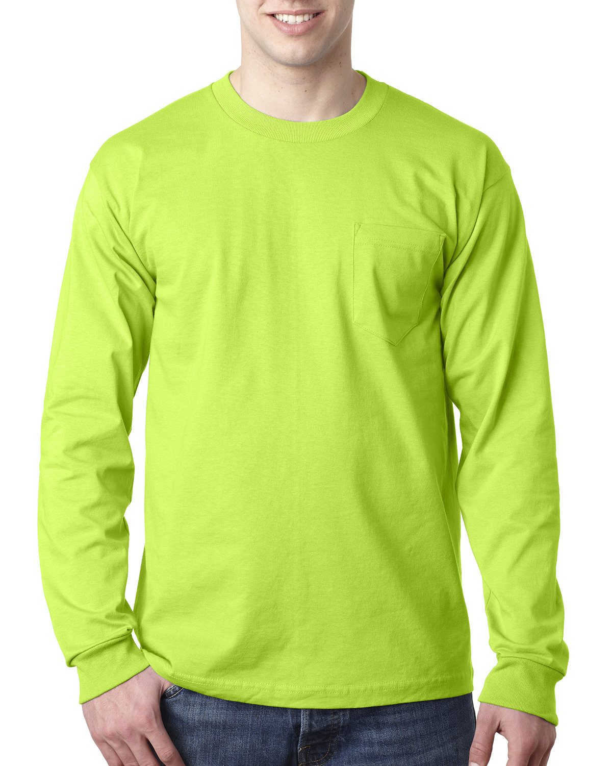 Bayside Adult 6.1 oz., 100% Cotton Long Sleeve Pocket T-Shirt LIME GREEN 
