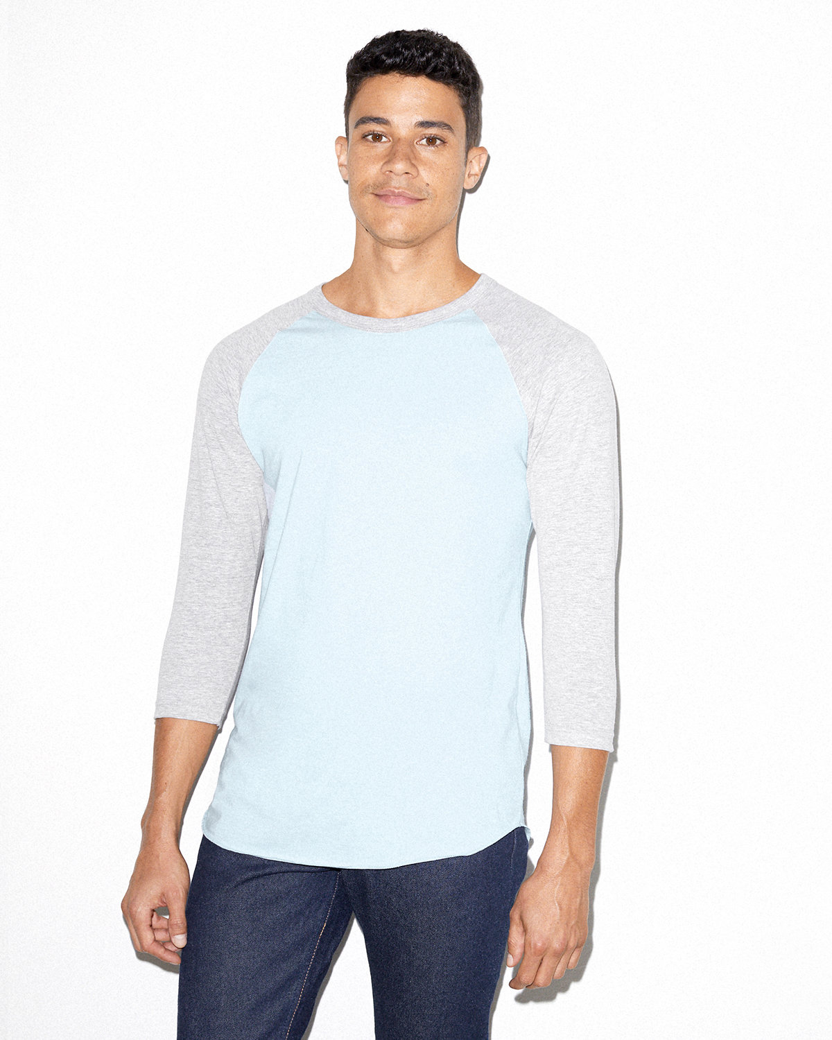 American Apparel Unisex Poly-Cotton 3/4-Sleeve Raglan T-Shirt LT BLUE/ HTH GRY 