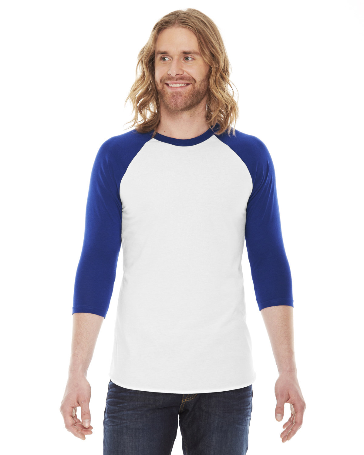 American Apparel Unisex Poly-Cotton 3/4-Sleeve Raglan T-Shirt WHITE/ LAPIS 