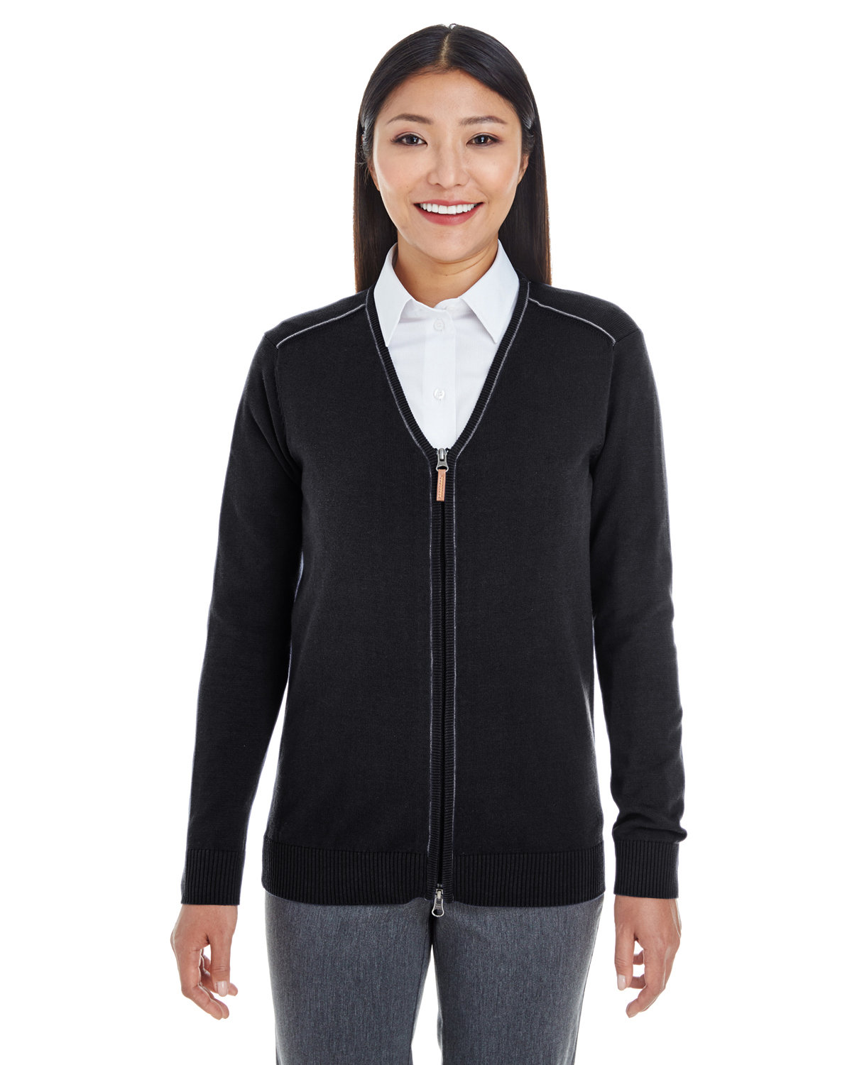 Devon & Jones Ladies' Manchester Fully-Fashioned Full-Zip Cardigan Sweater black/ graphite 