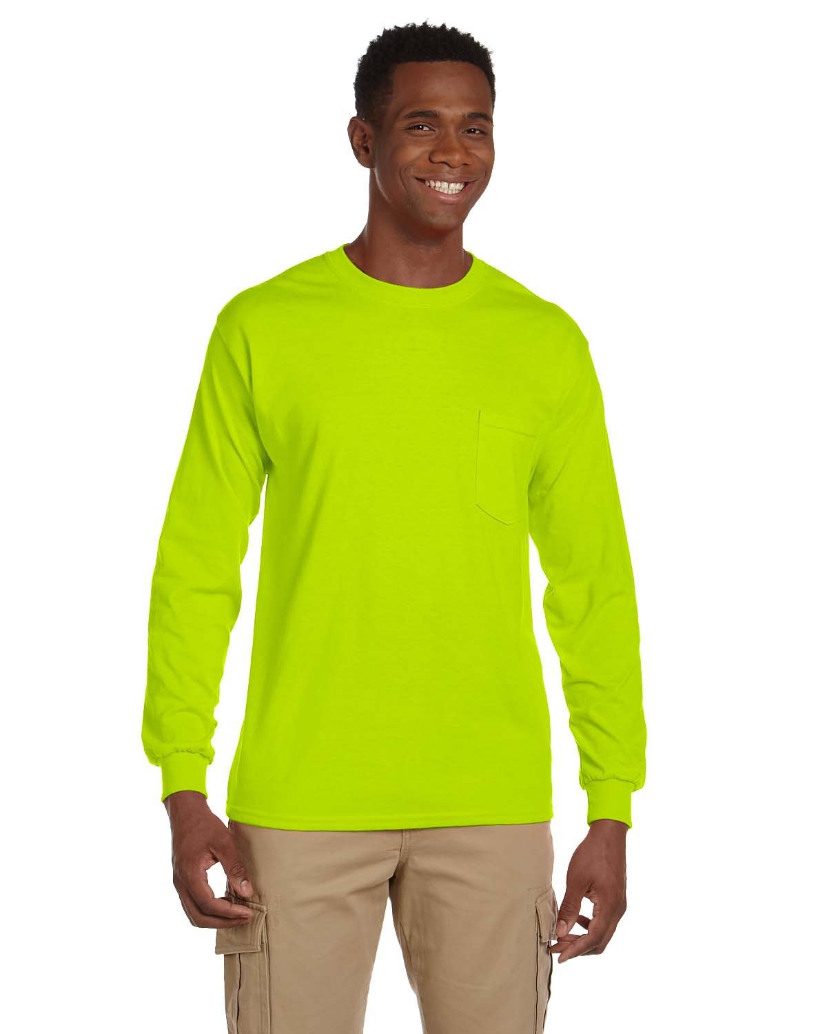 Gildan Adult Ultra Cotton® Long-Sleeve Pocket T-Shirt SAFETY GREEN 