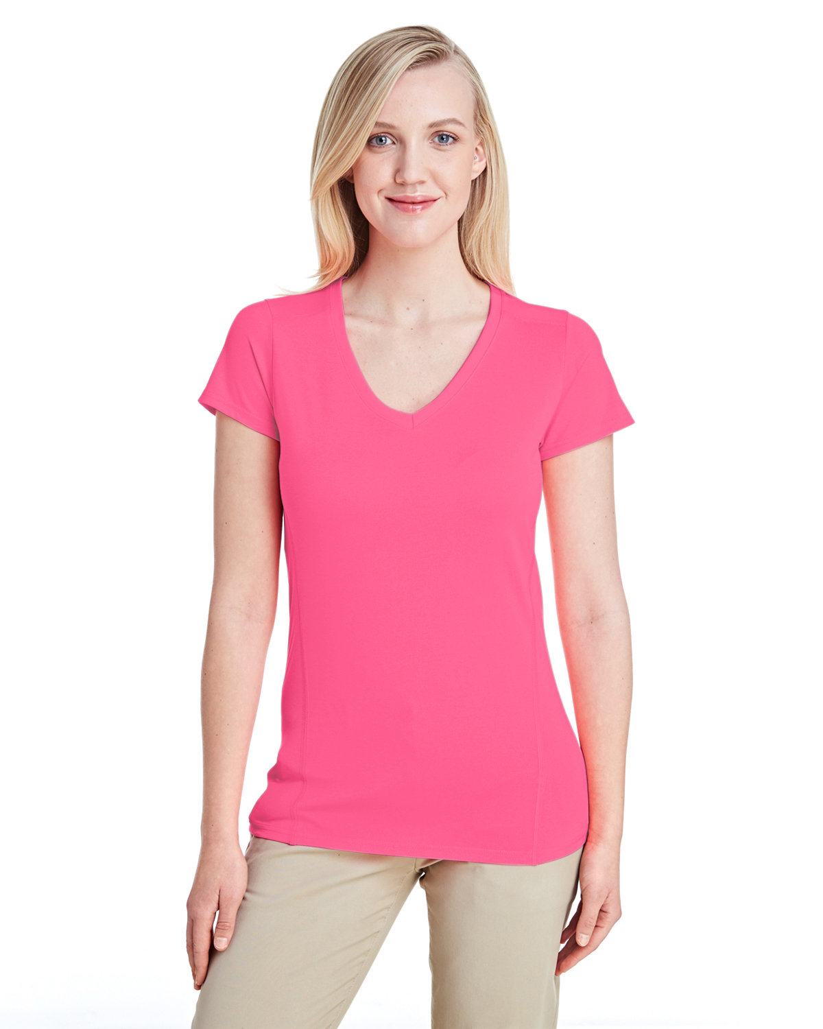 Gildan Ladies' Performance® V-Neck Tech T-Shirt SAFETY PINK 