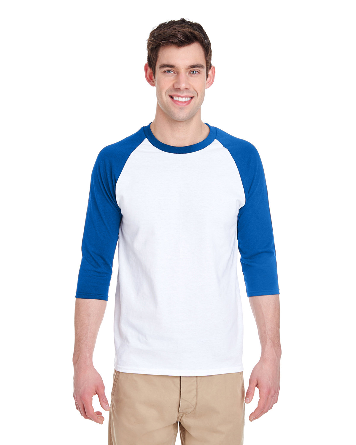 Gildan Adult Heavy Cotton™ 3/4-Raglan Sleeve T-Shirt white/ royal 