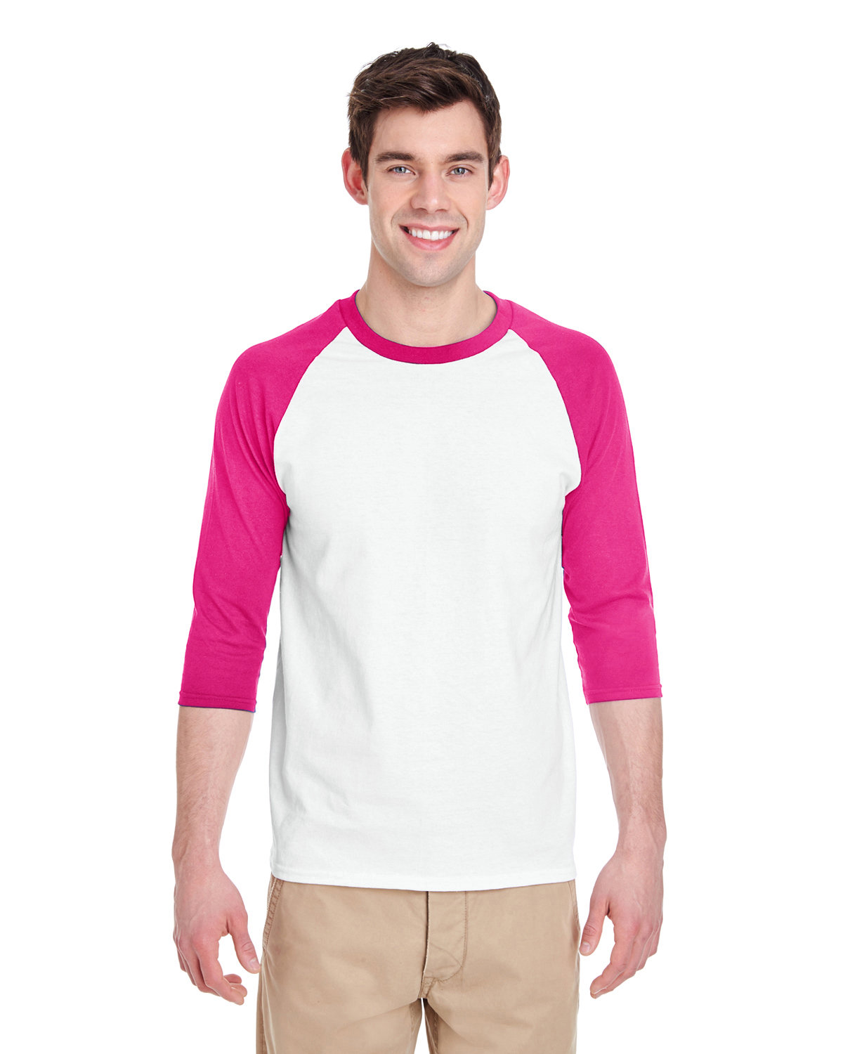 Gildan Adult Heavy Cotton™ 3/4-Raglan Sleeve T-Shirt WHITE/ HELICONIA 