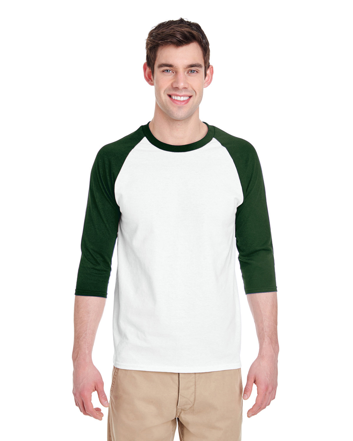 Gildan Adult Heavy Cotton™ 3/4-Raglan Sleeve T-Shirt white/ forest 
