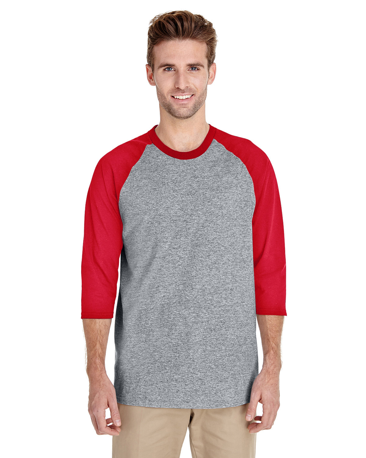 Gildan Adult Heavy Cotton™ 3/4-Raglan Sleeve T-Shirt SPORT GREY/ RED 
