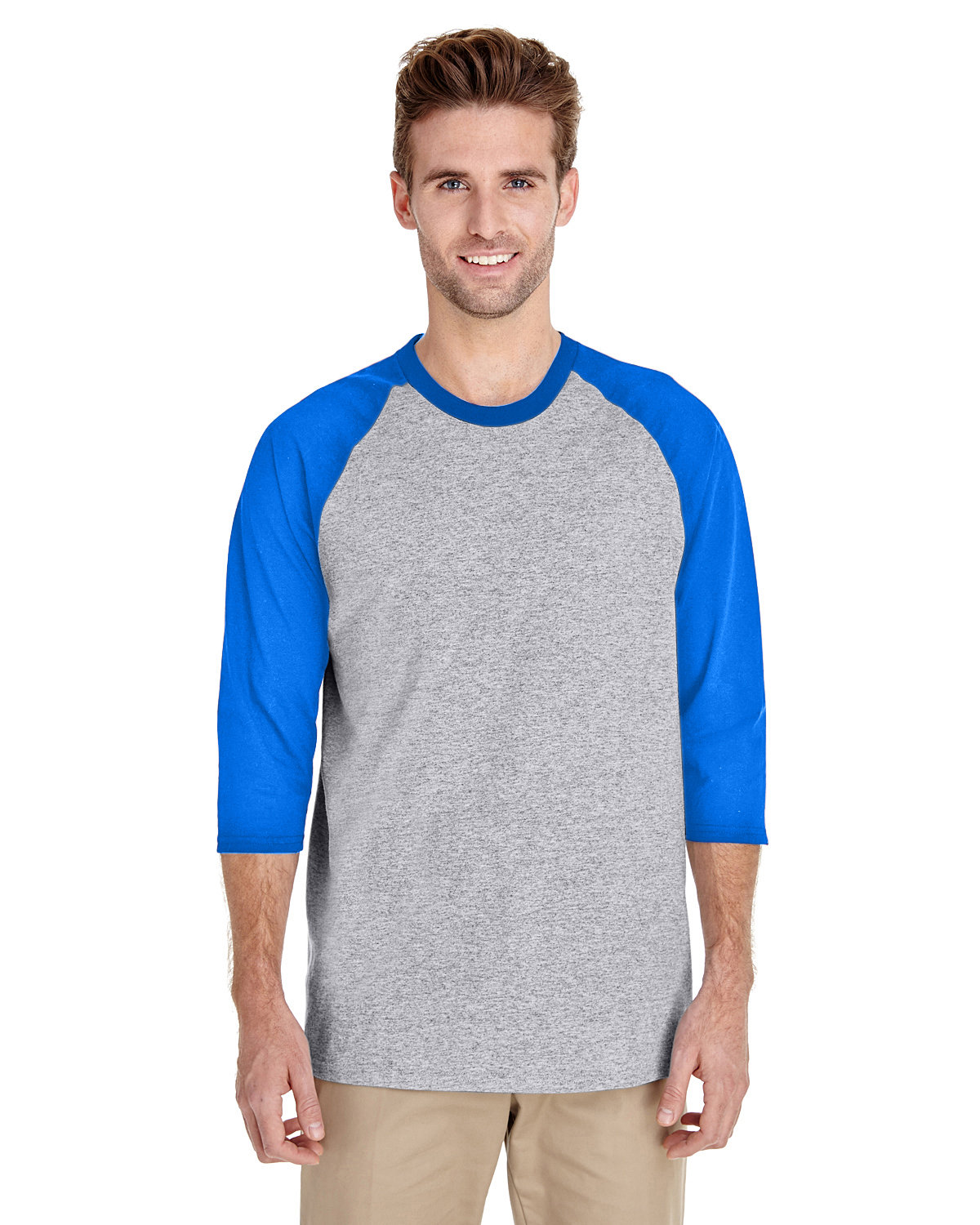 Gildan Adult Heavy Cotton™ 3/4-Raglan Sleeve T-Shirt SPORT GRY/ ROYAL 
