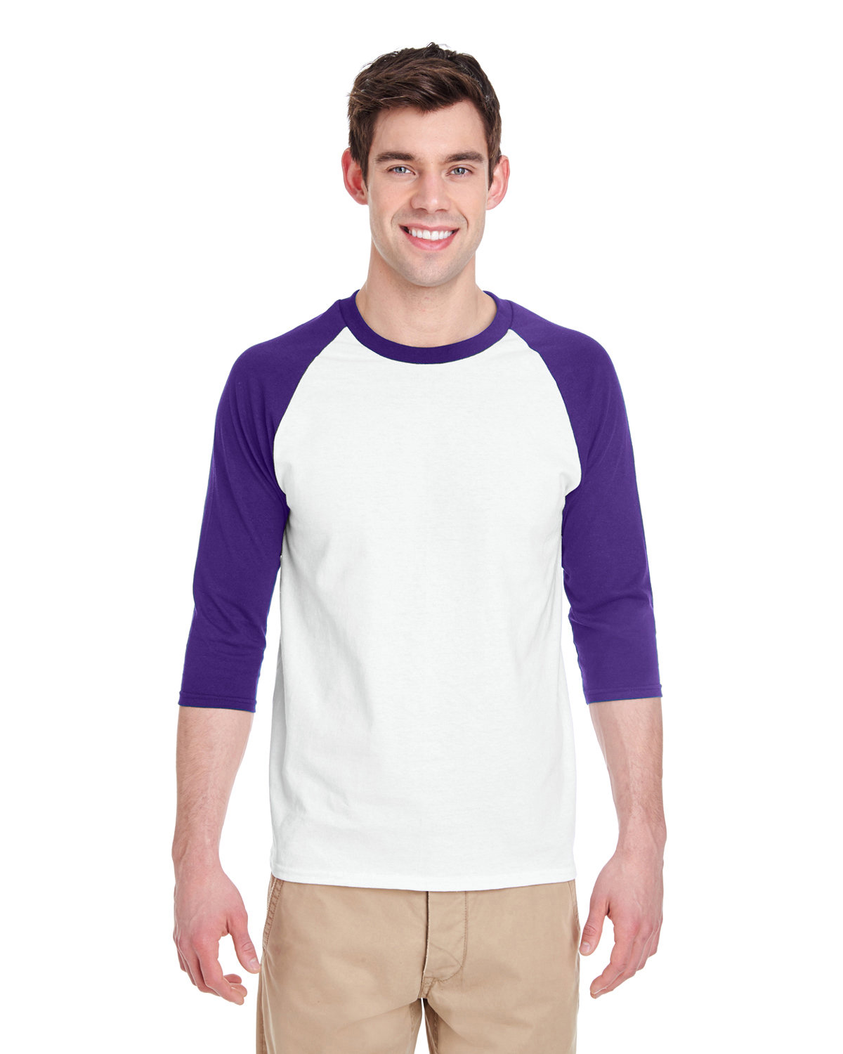 Gildan Adult Heavy Cotton™ 3/4-Raglan Sleeve T-Shirt WHITE/ PURPLE 