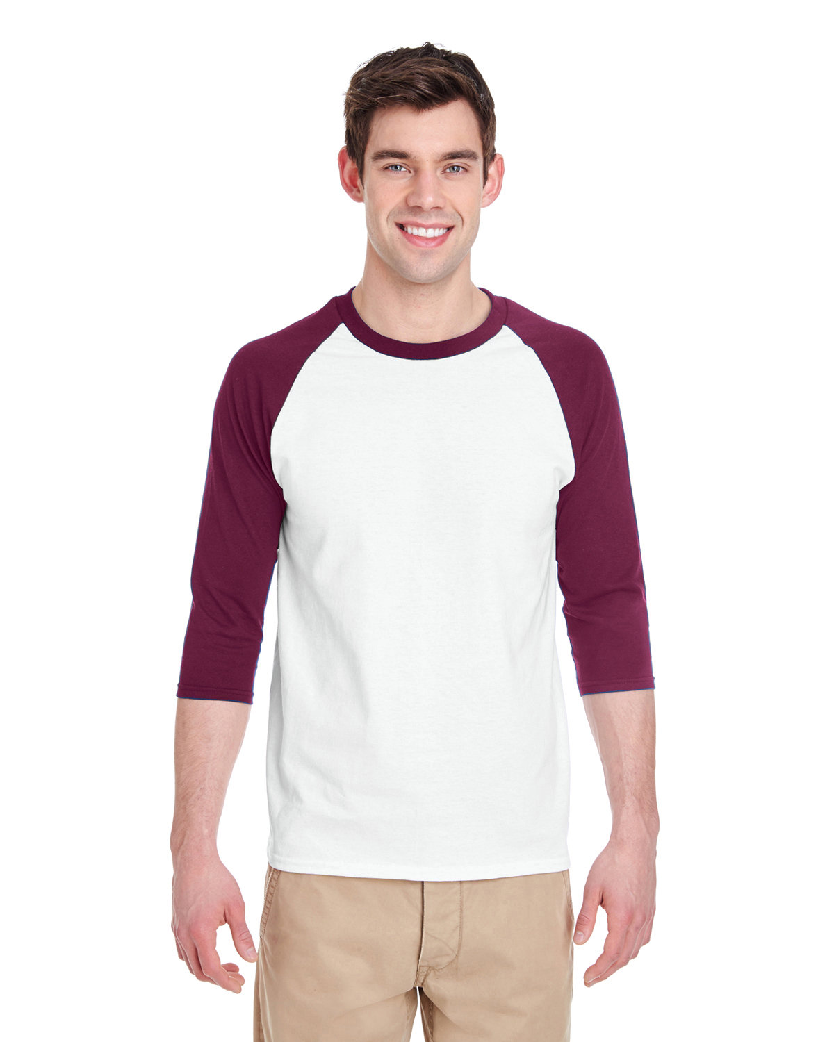 Gildan Adult Heavy Cotton™ 3/4-Raglan Sleeve T-Shirt WHITE/ MAROON 