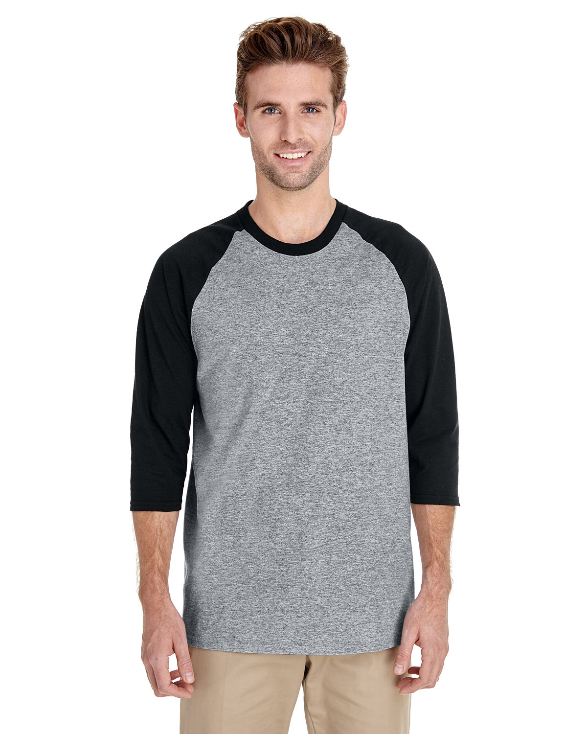 Gildan Adult Heavy Cotton™ 3/4-Raglan Sleeve T-Shirt sport grey/ blk 