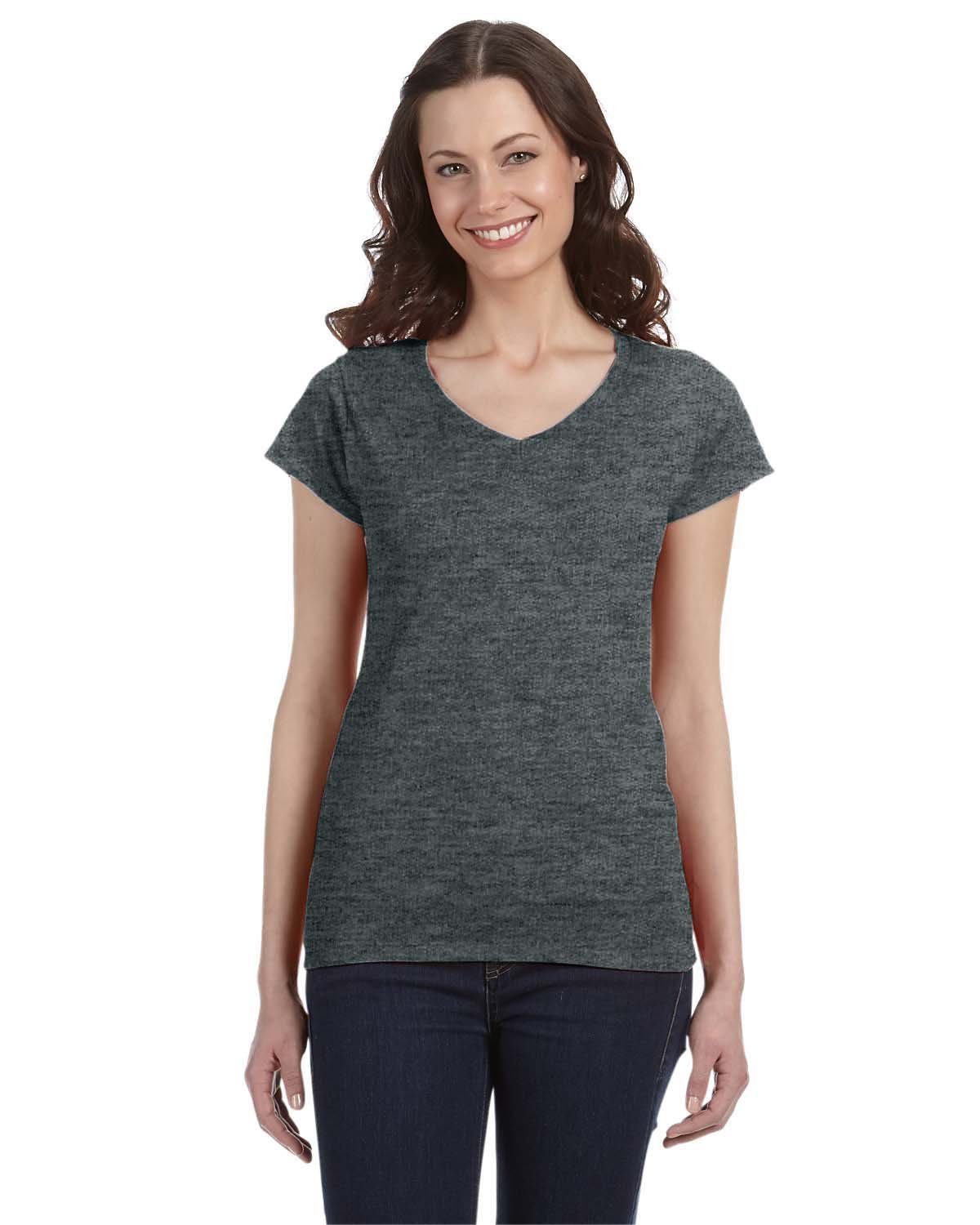 Gildan Ladies' SoftStyle®  Fitted V-Neck T-Shirt DARK HEATHER 