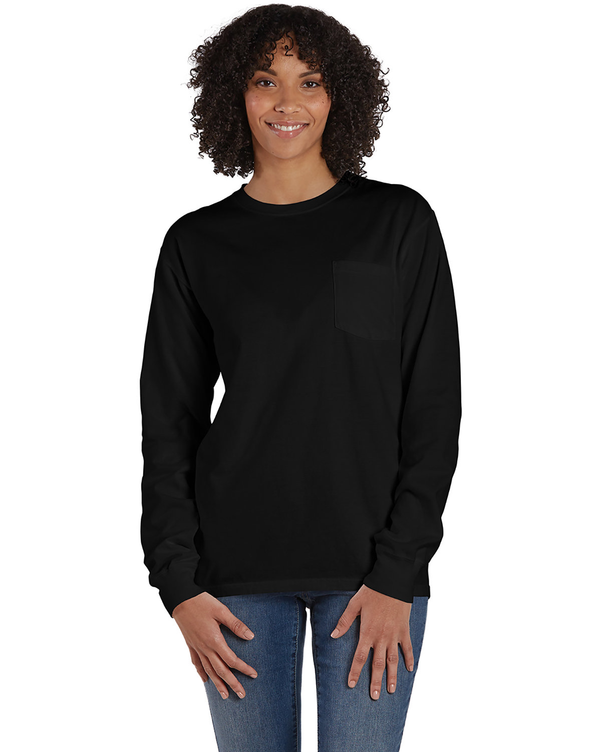 ComfortWash by Hanes Unisex Garment-Dyed Long-Sleeve T-Shirt with Pocket BLACK 