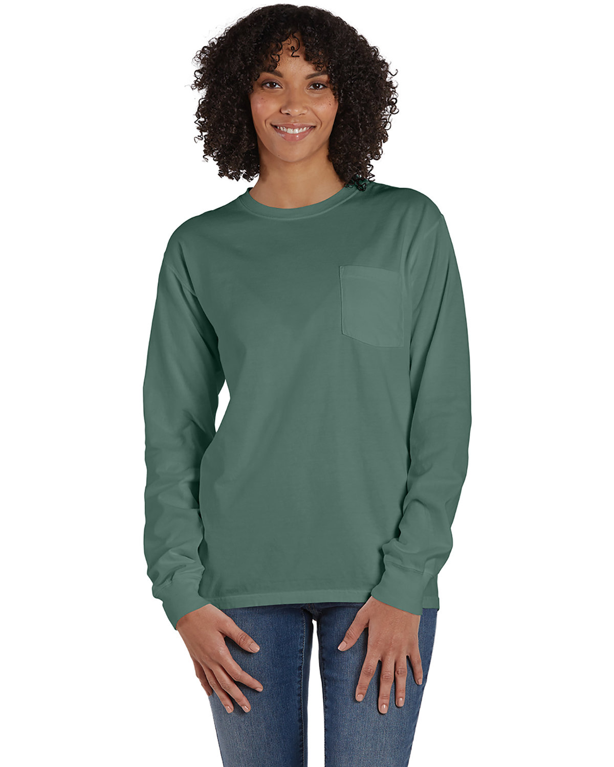 ComfortWash by Hanes Unisex Garment-Dyed Long-Sleeve T-Shirt with Pocket CYPRESS GREEN 