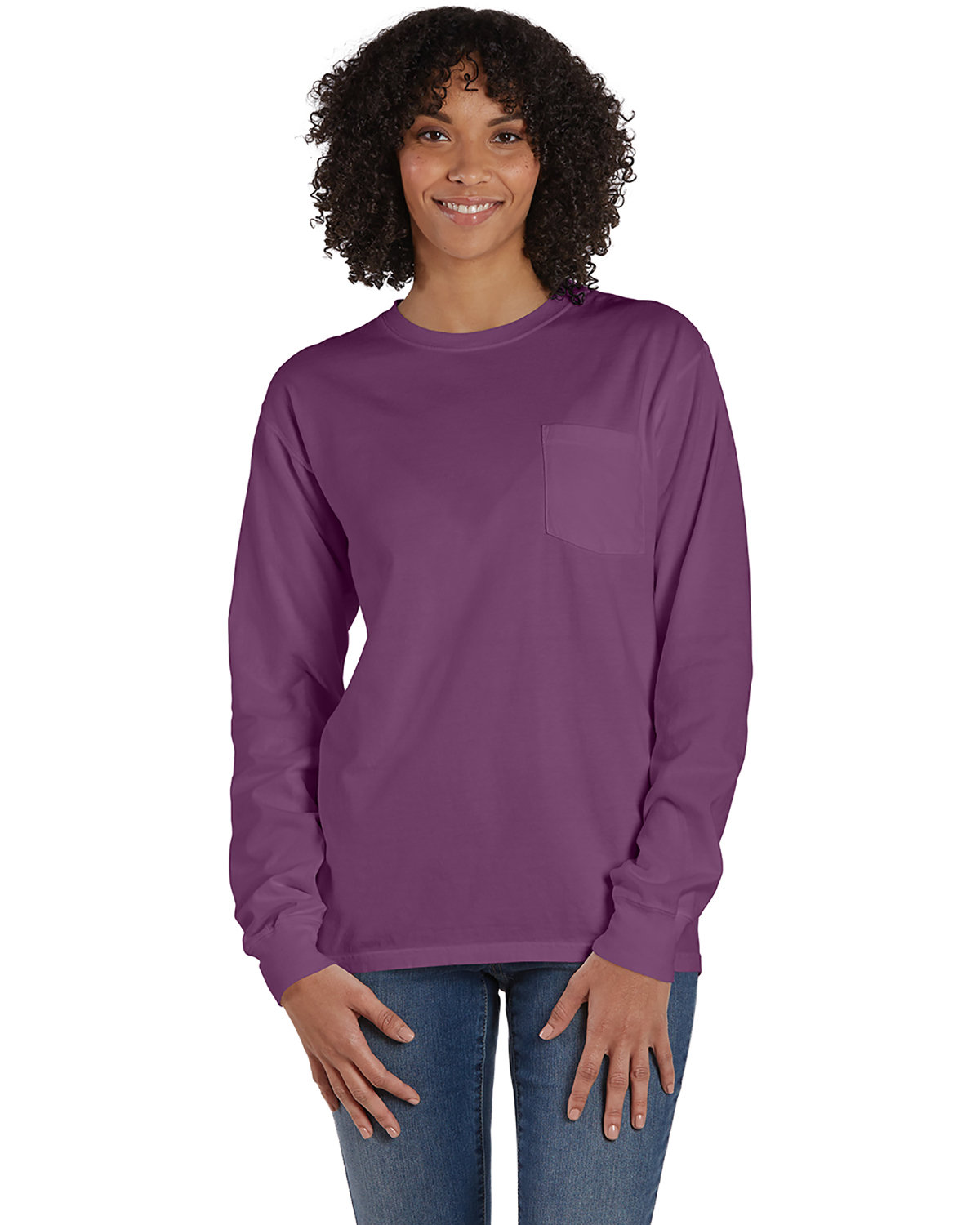 ComfortWash by Hanes Unisex Garment-Dyed Long-Sleeve T-Shirt with Pocket PURP PLUM RAISIN 