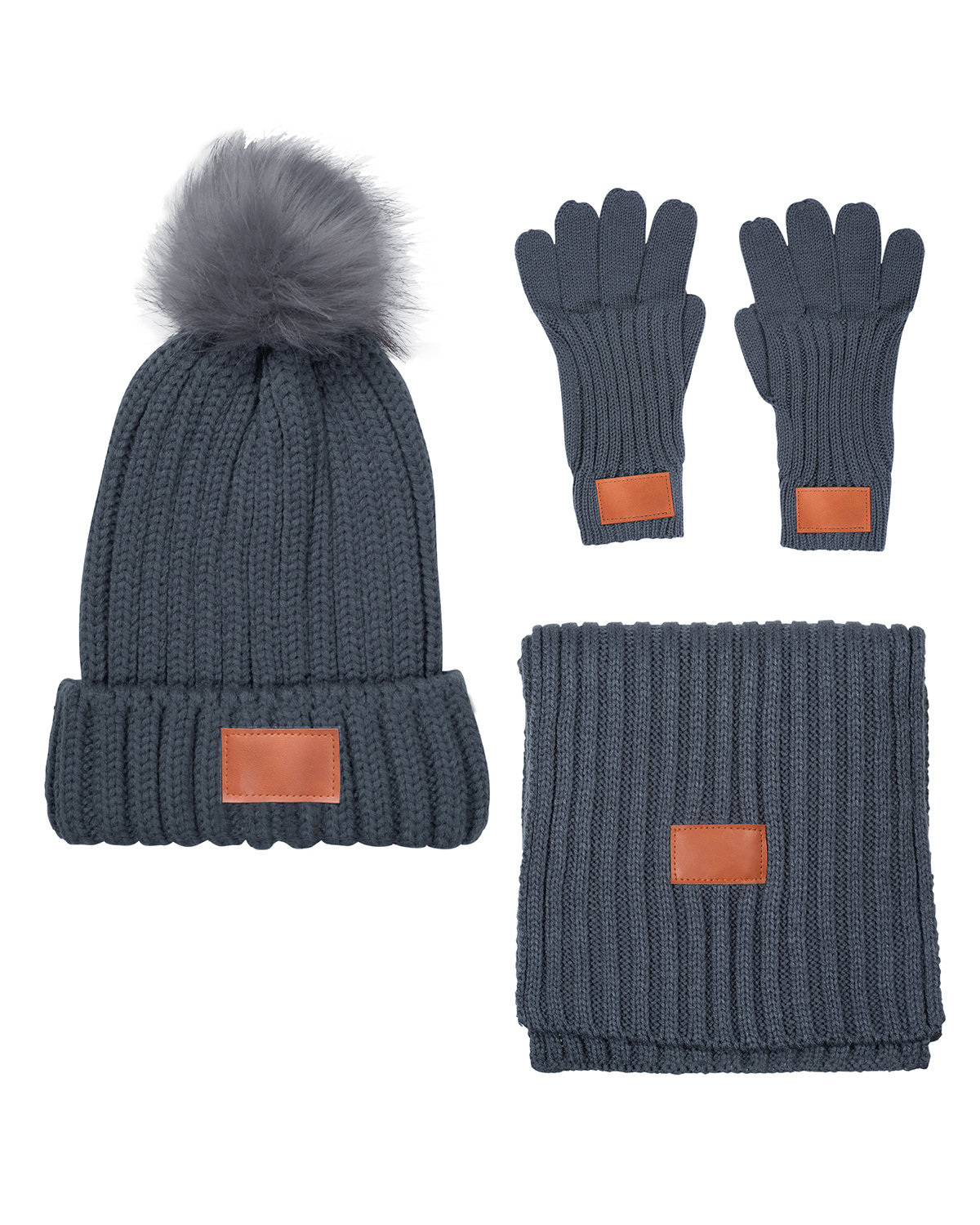 Leeman Three-Piece Rib Knit Fur Pom Winter Set gray 